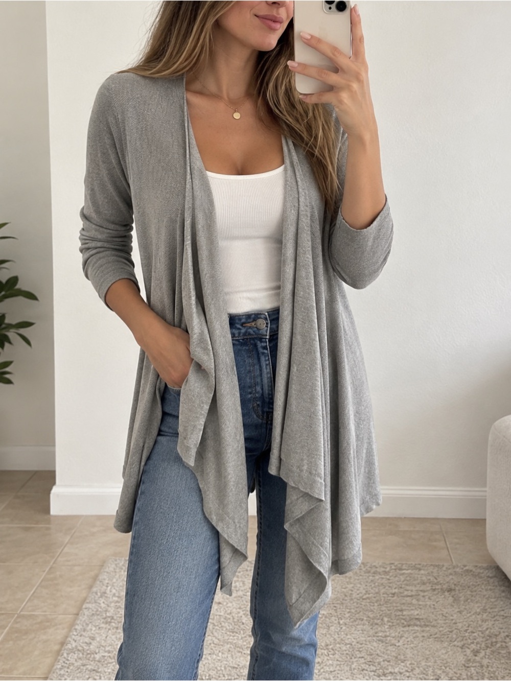 DKNY Gray Open Front Longline Cardigan Sweater P/S Lightweight Minimalist
